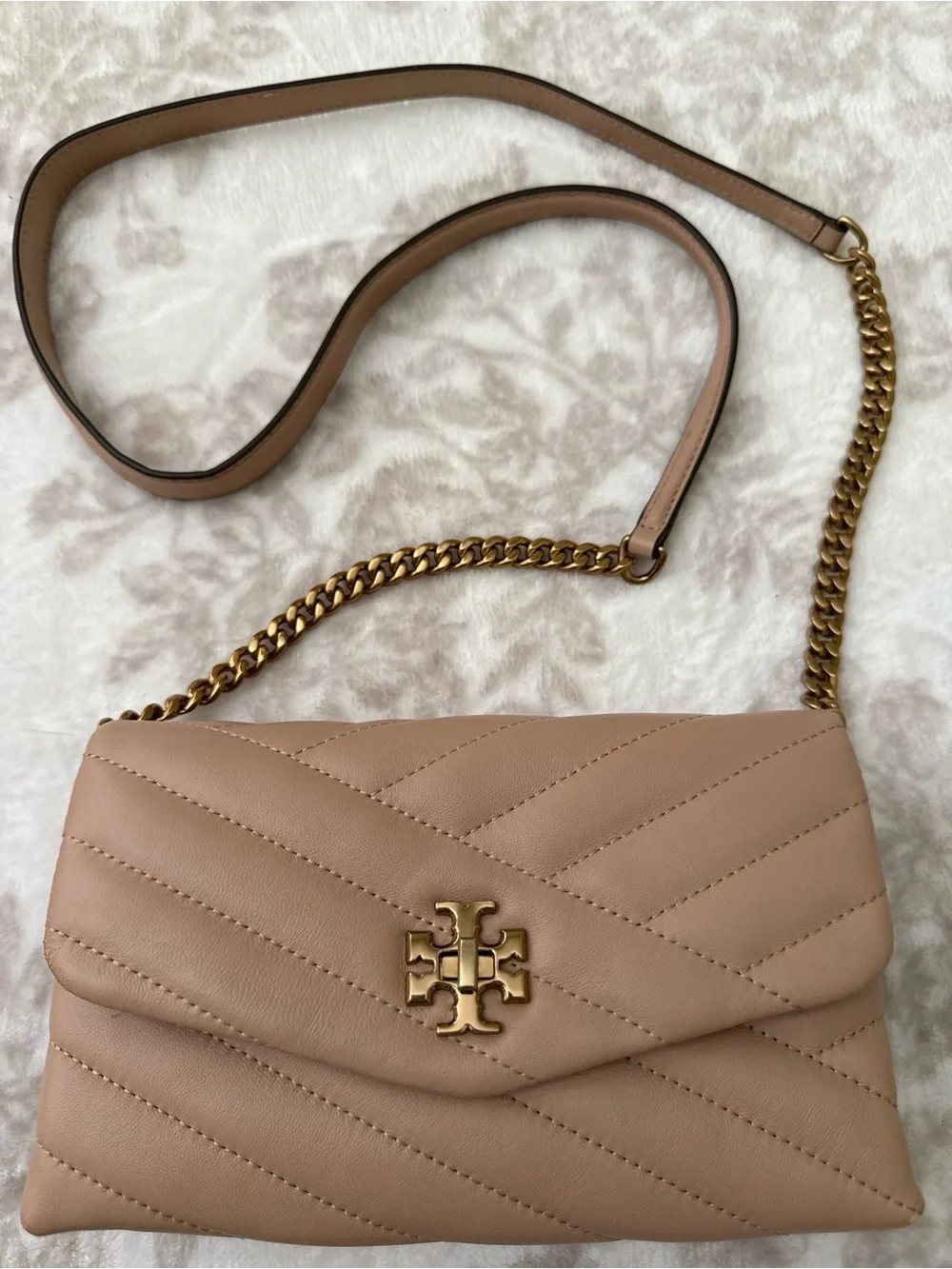 Tory Burch Kira Chevron Leather Small Crossbody Bag Nude with Gold Hardware Logo